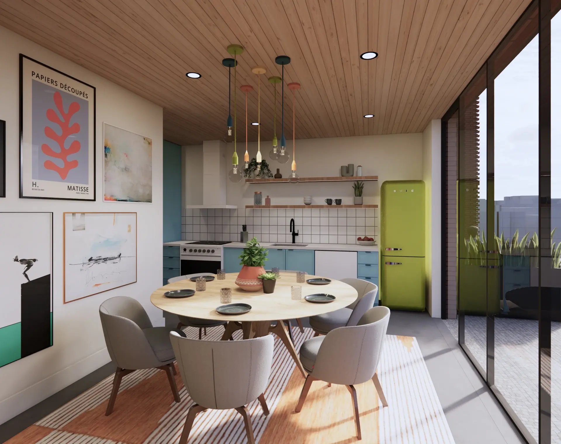 Colorful midcentury modern kitchen and living space in Fayetteville Funky rental unit with vintage inspired design