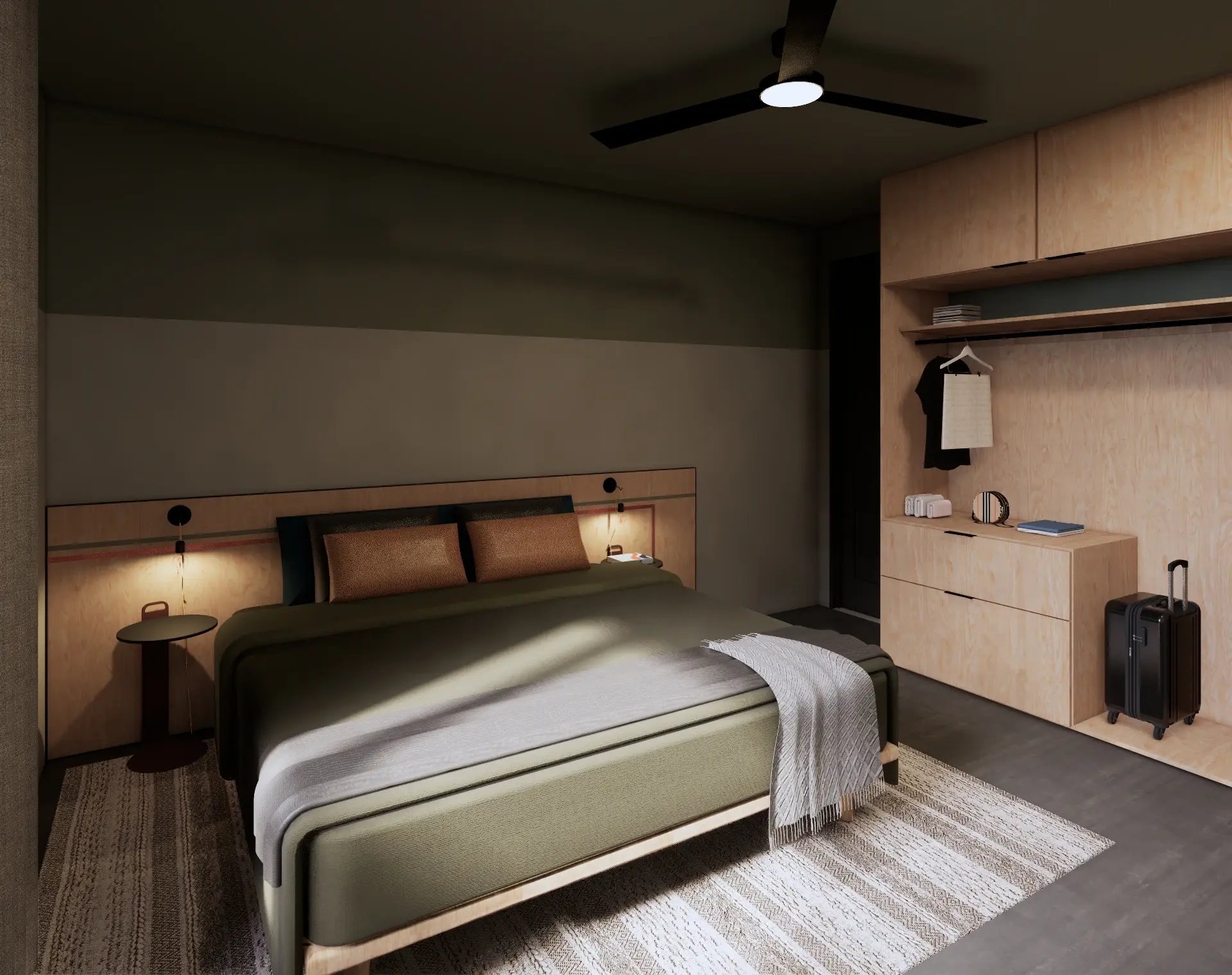 Greenway inspired bedroom with natural green tones and minimalist modern design in Fayetteville rental unit