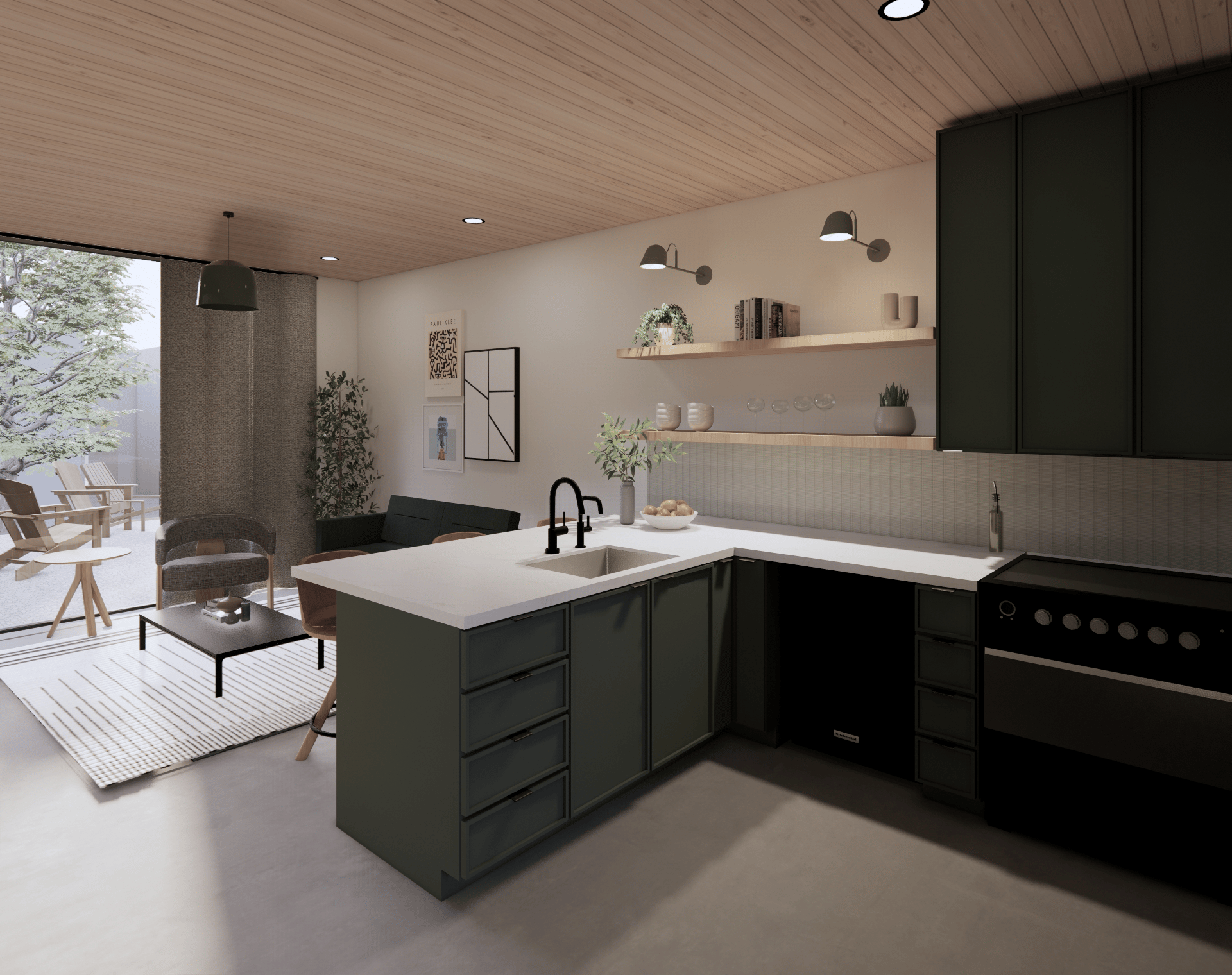 Modern Greenway kitchen with clean lines, open shelving, and natural materials inspired by Fayetteville bike trail