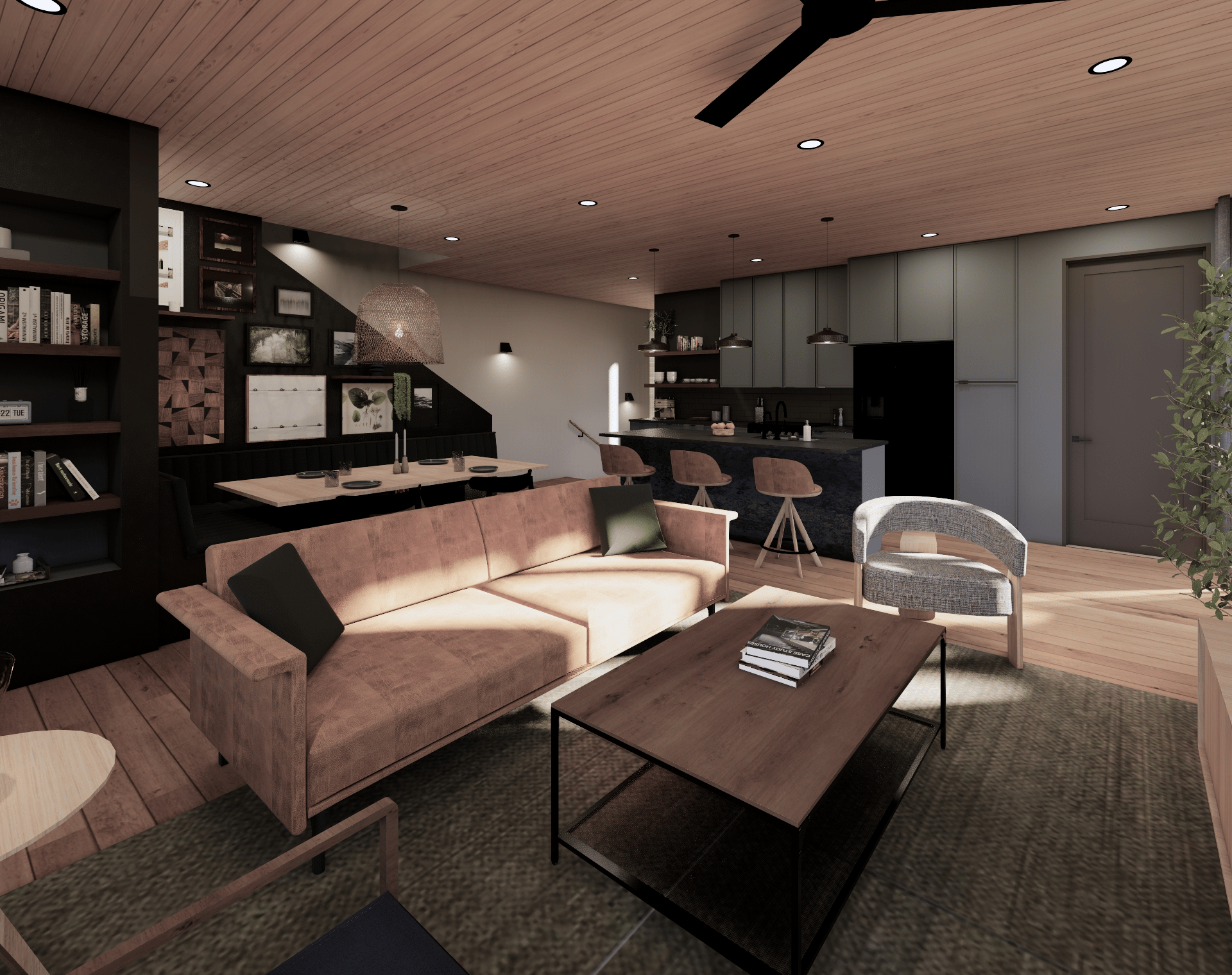 Natural State rental unit living room with warm wood tones and elevated neutral interior design